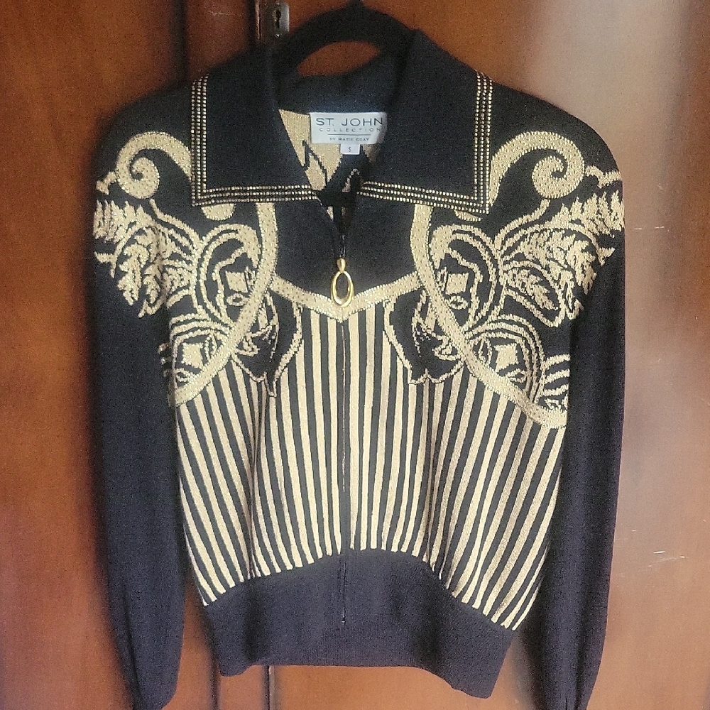St. John Black and Gold Patterned Sweater Santana Knit Small-Medium